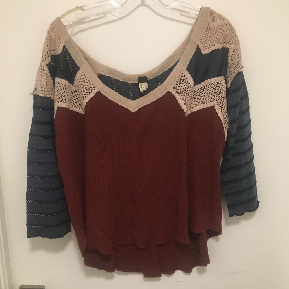 Free People Off shoulder, red, cream, & bl…